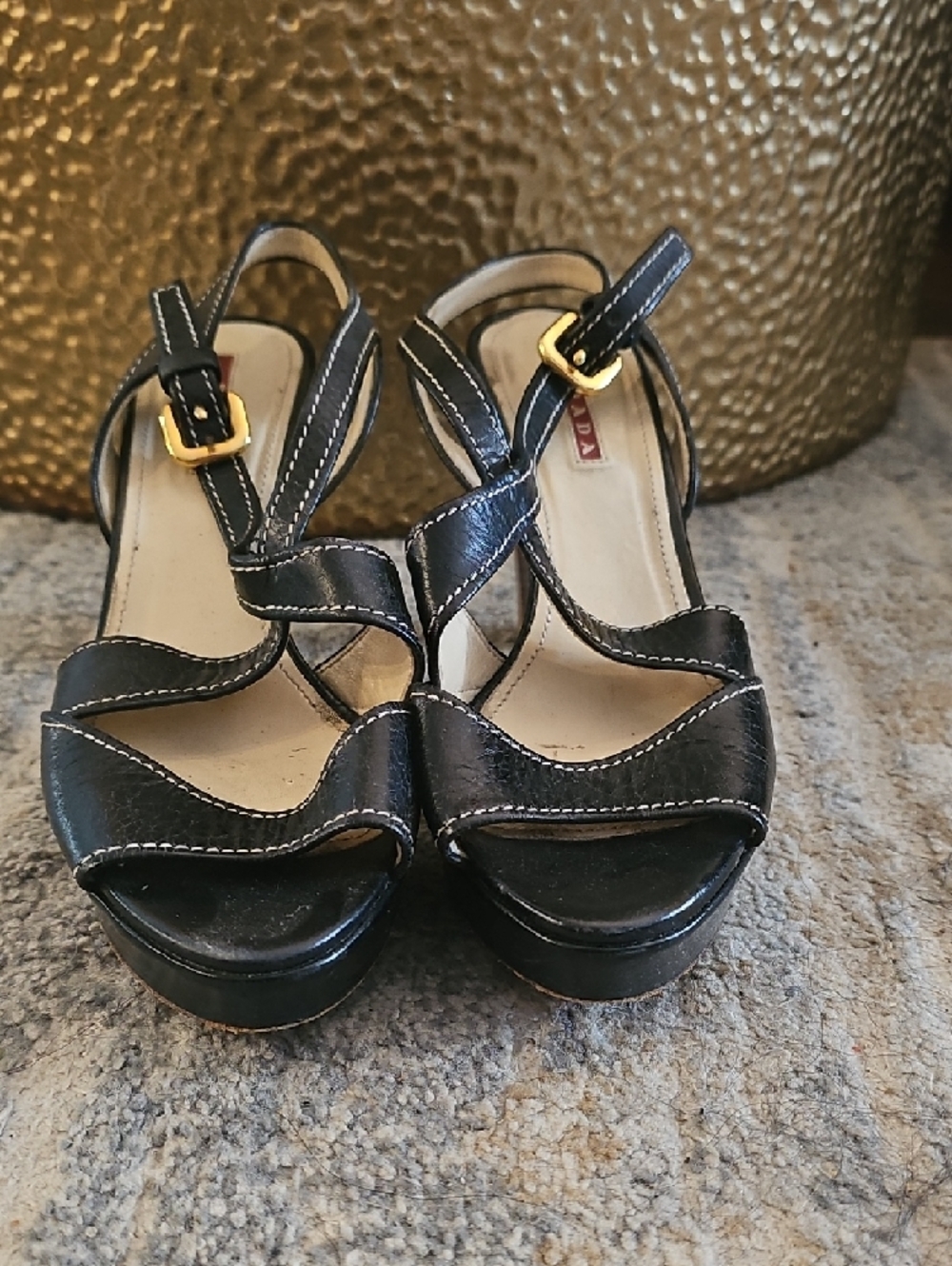 Prada Black Leather Platform Slingback Heels with Wood-Effect Block Heel - Picture 3 of 5